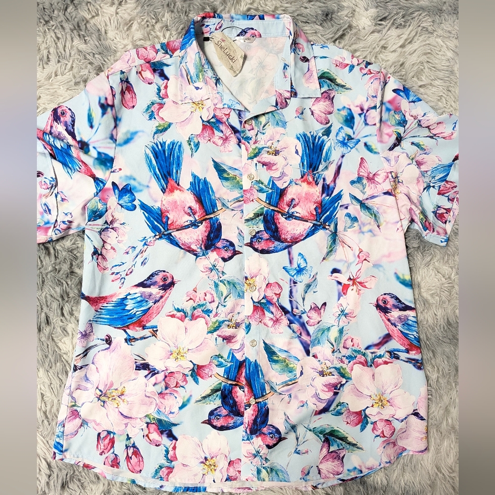 NWT SheLucki XL Tropical Bird Floral Button Up Shirt Coastal Grandma